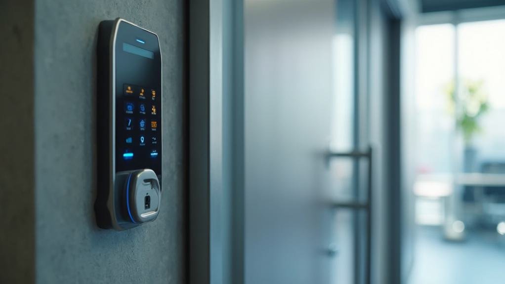 A close-up view of a modern access control system featuring a digital keypad and biometric scanner, highlighting advanced security features used to manage authorized entry.