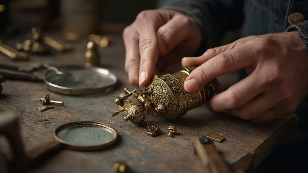 A skilled craftsman carefully restoring an antique lock, showcasing intricate details and tools, representing the antique lock restoration service.