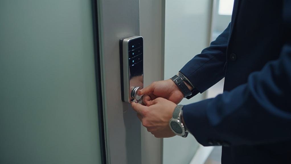 Technician installing a biometric lock on a door showcasing the process of secure and modern entry solutions with install biometric lock service