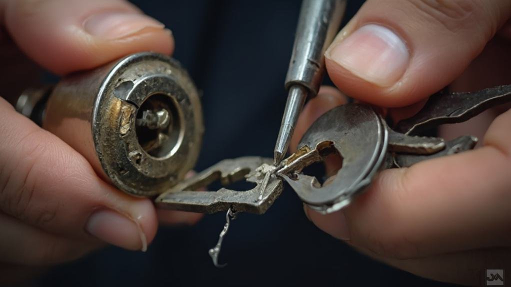 A locksmith using specialized tools to perform broken key removal from a lock in a residential door during a service call.