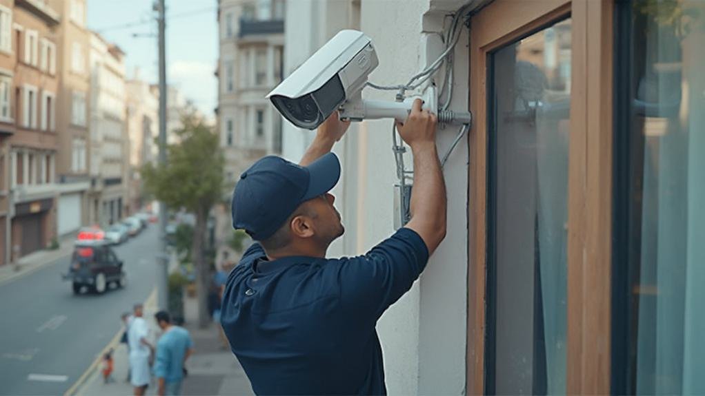 A technician carefully installs a CCTV camera on a wall, showcasing the process of CCTV installation for enhanced security monitoring.