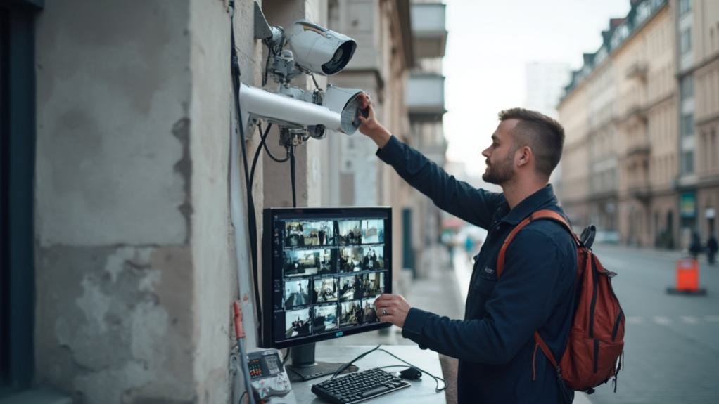 A technician installing a commercial CCTV system on a building exterior.