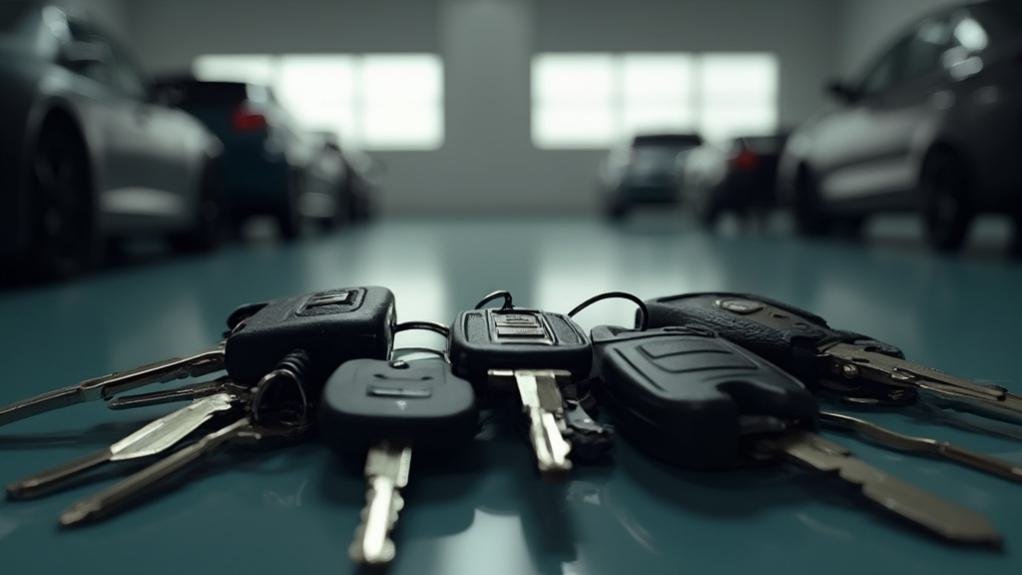 An automotive technician demonstrating car key replacement services, holding a new car key and tools in a well-equipped workshop.