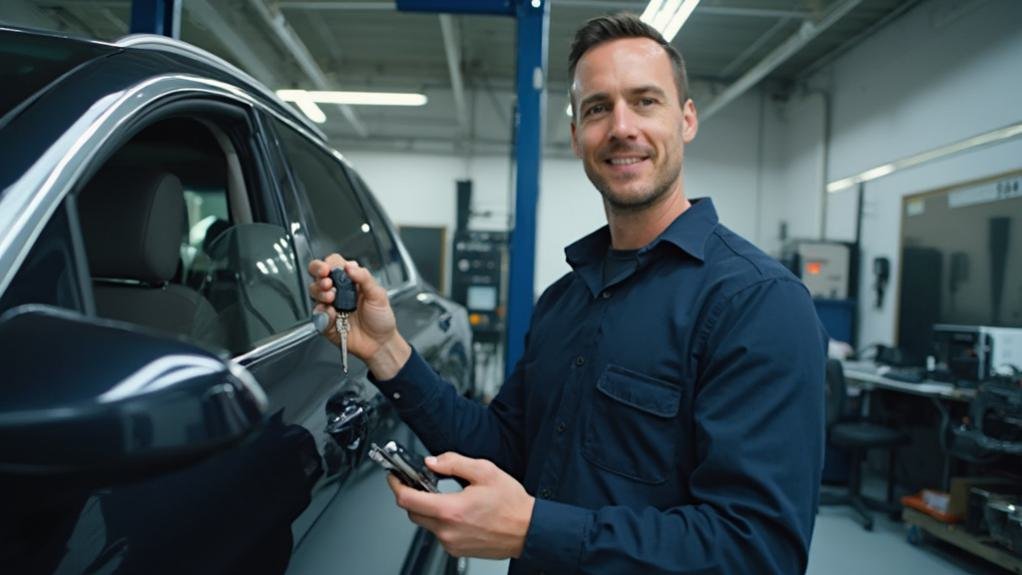 A locksmith is showing a customer a set of keys while discussing how to replace car key services.