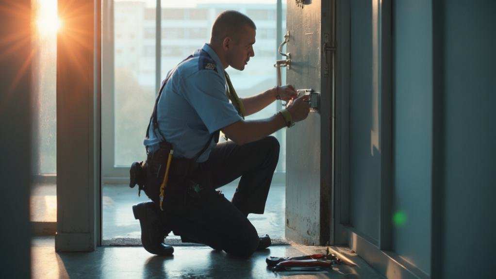 A professional locksmith assisting an employee during an office lockout by using specialized tools to unlock the door.