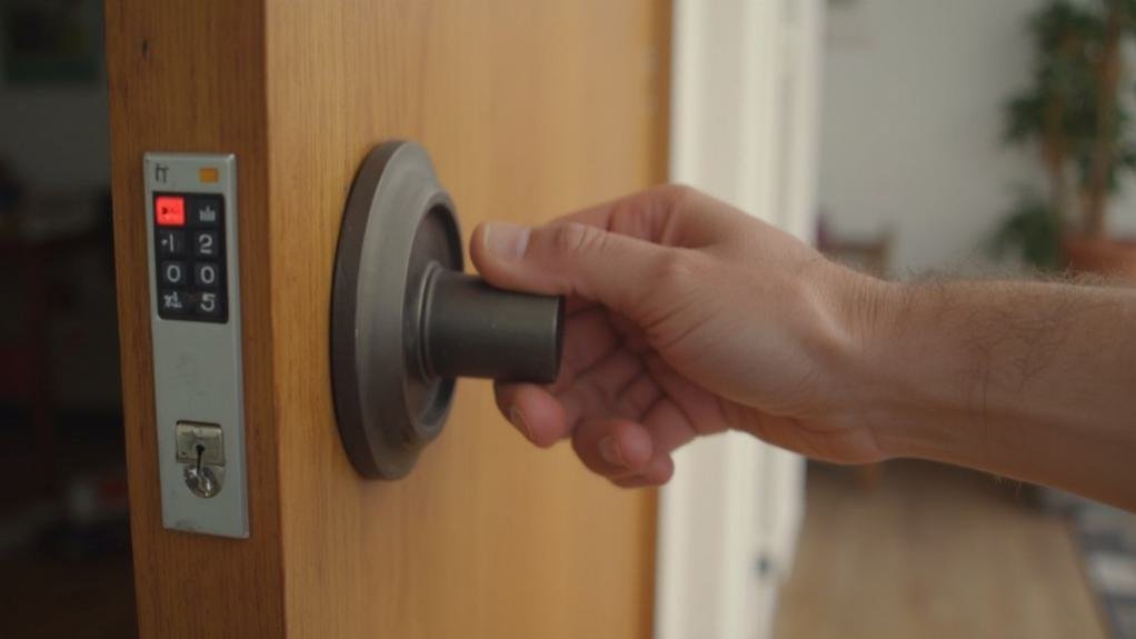 A technician performing deadbolt installation on a wooden door, ensuring secure and reliable locking mechanisms for enhanced home security.