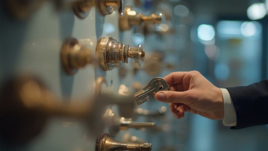 A technician demonstrating how to install deadbolt on a wooden door for enhanced security