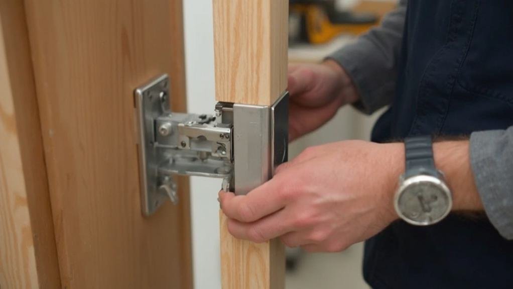 A technician performing door closer repair on a commercial door using tools and equipment for precise installation.