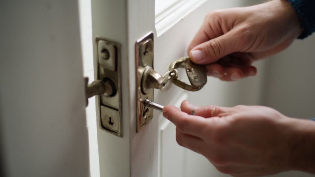 An image showing a technician adjusting the hinges of a wooden door to ensure proper door alignment within its frame, demonstrating the door and frame alignment service.