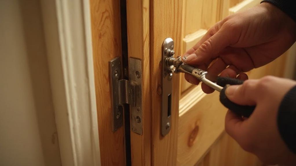 A technician adjusting a door to achieve proper frame alignment during a door installation service.