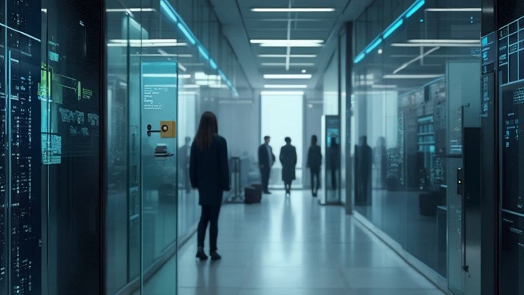 A technician installing access control systems on a modern office door.