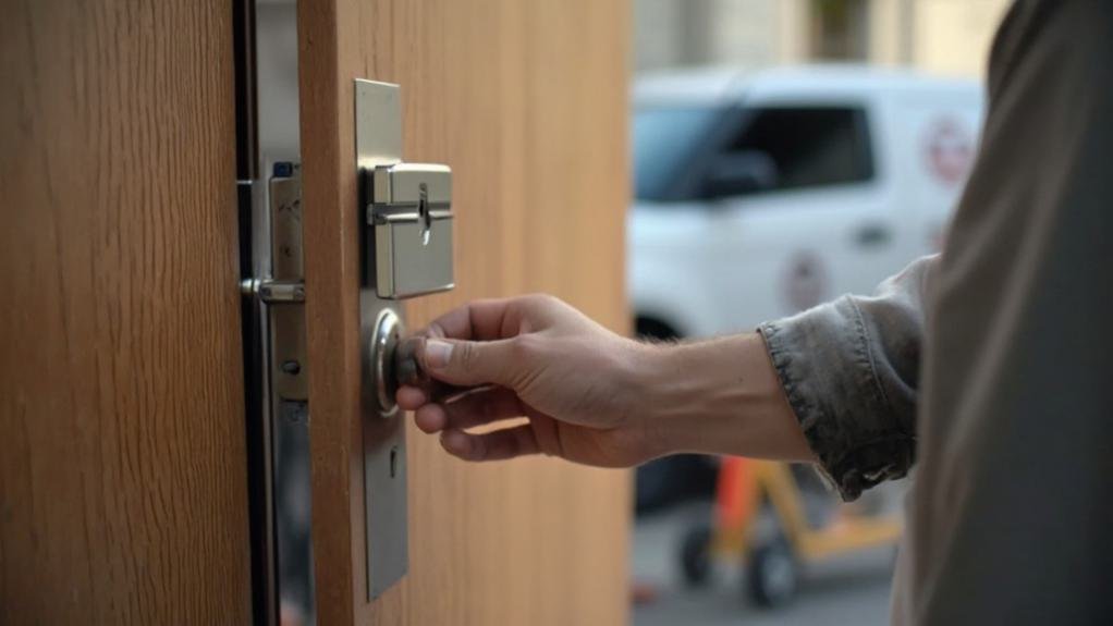 Technician demonstrating repair electronic lock installation at a residential door