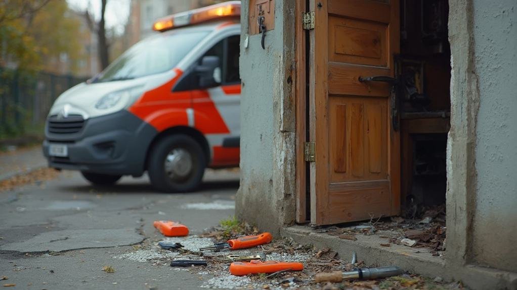 A technician performing emergency lock replacement services on a door, showcasing tools and a new lock being installed for enhanced security.