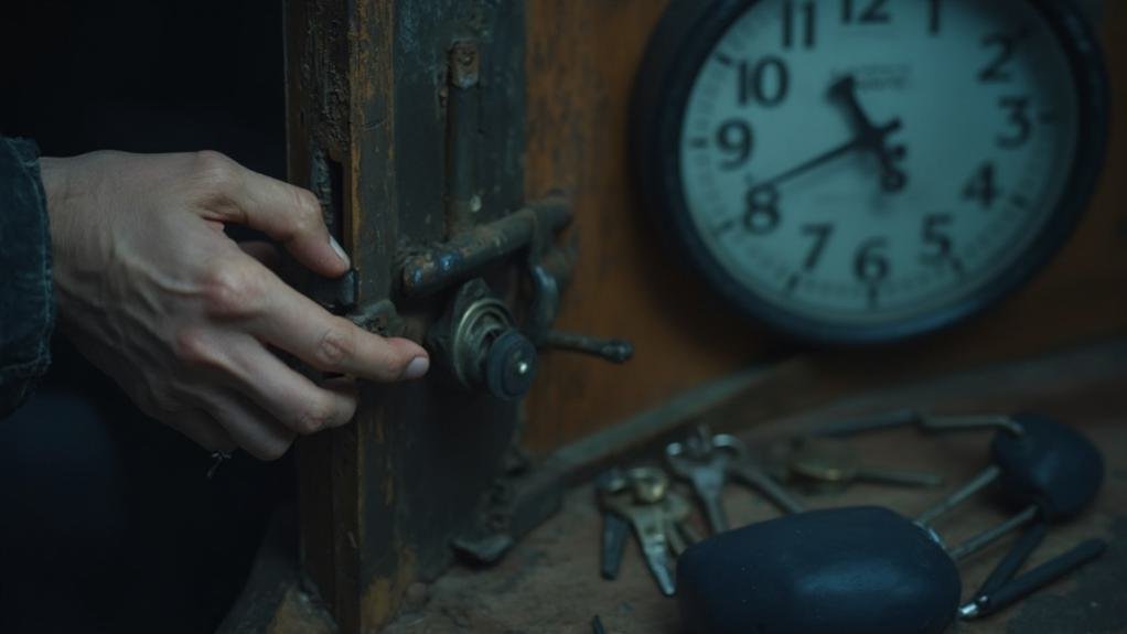 A locksmith changing locks on a door in a home, illustrating the process of emergency rekeying to enhance security.