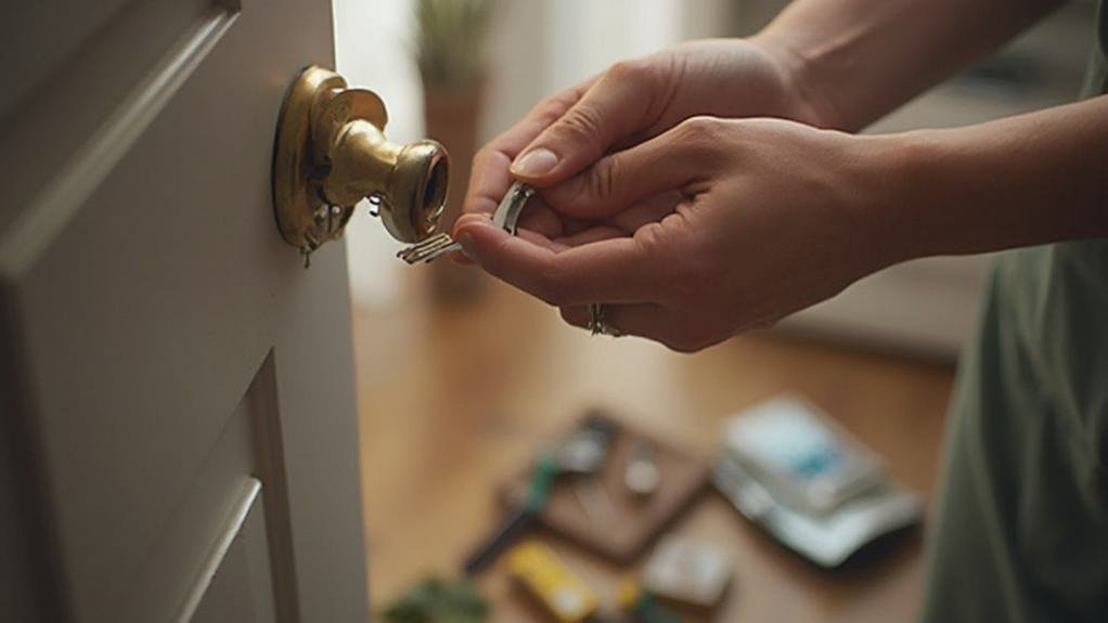 A locksmith working on a door lock while providing 24hr rekeying services in an emergency situation.