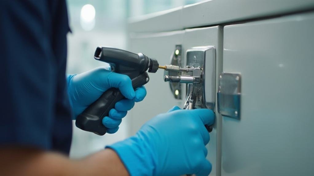 A technician performing file cabinet lock repair on a metal file cabinet, using tools to fix the locking mechanism.