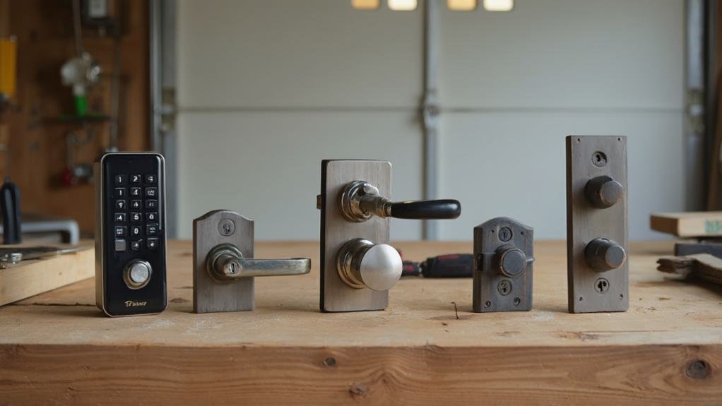 A professional technician demonstrating garage door lock services, focusing on the installation and security features of a garage door lock on a residential property.