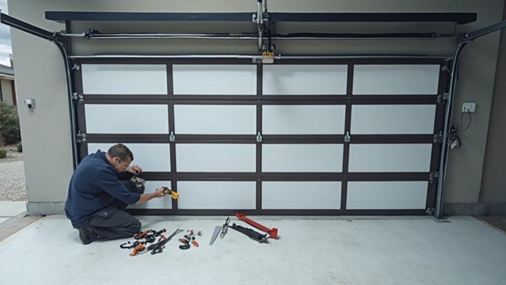 A technician performing garage lock repair on a closed garage door showcasing tools and equipment used for the service.