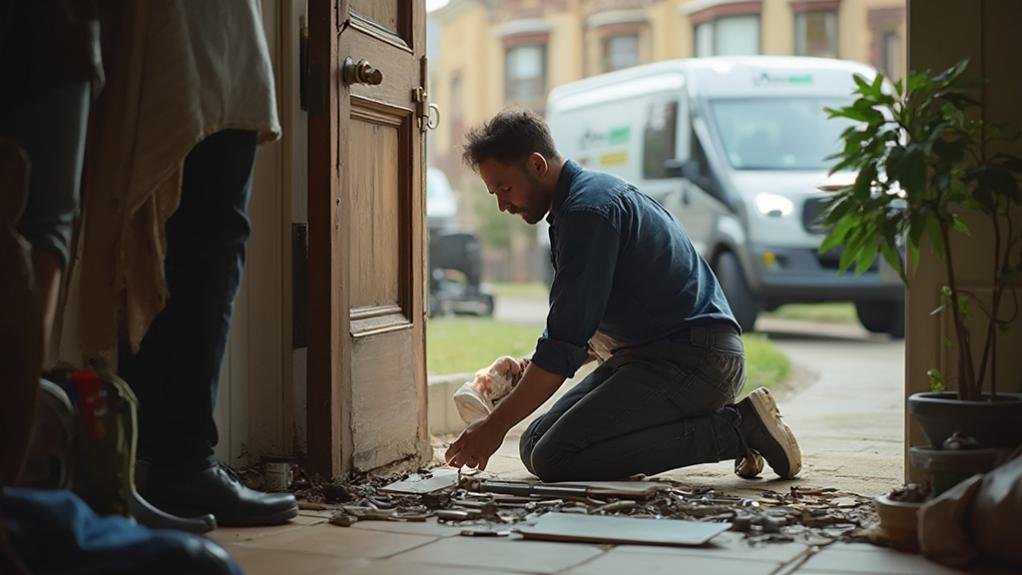 A friendly locksmith assisting a homeowner during a house lockout situation by unlocking a door with professional tools.