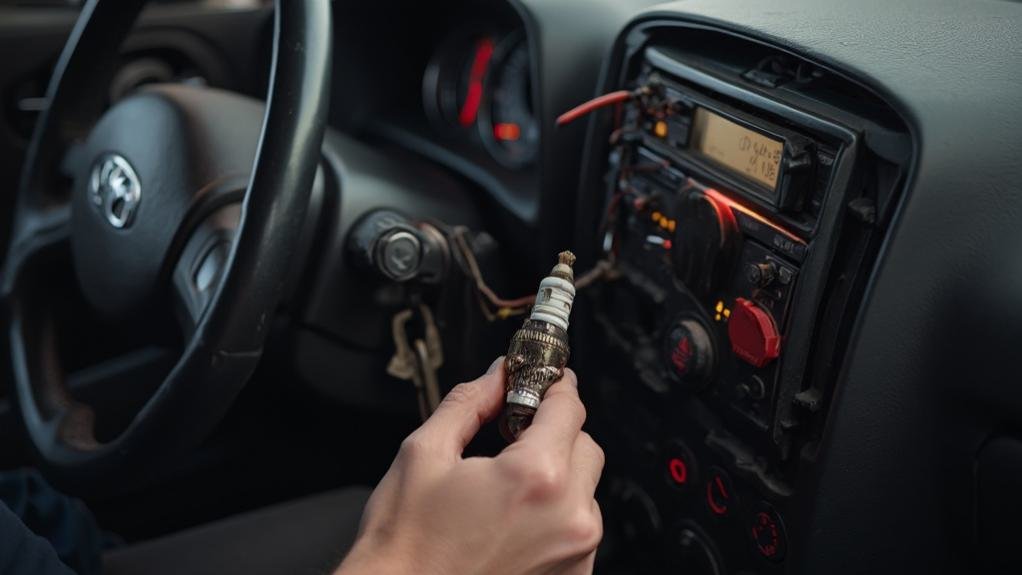 A technician working on a car's ignition system, demonstrating ignition repair and replacement services with various tools and parts laid out nearby.