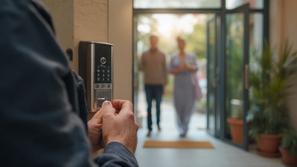 A sleek, modern intercom system mounted on a wall, featuring a touch screen display and a speaker, illustrating advanced communication technology for homes and offices.