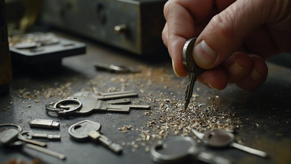 A close-up image of a locksmith performing key cutting, showing a key cutting machine and freshly cut keys ready for use.