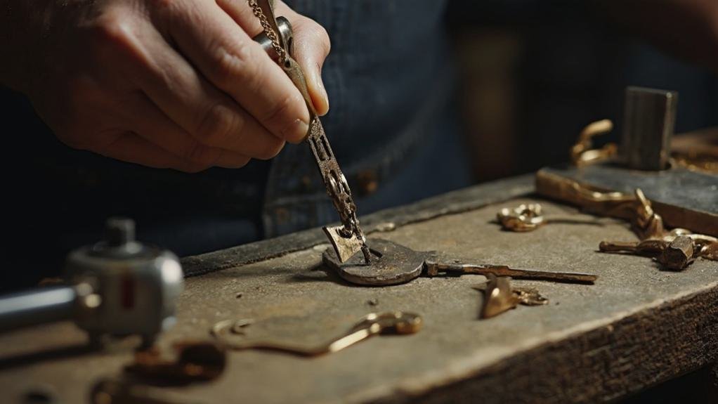 A technician using a key cutting machine to create a duplicate key in a locksmith shop.