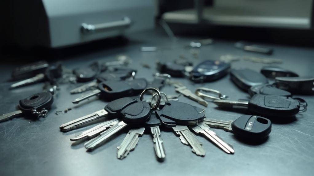 A close-up image of a professional locksmith using a key cutting machine to perform car key duplication, showcasing various car keys and key blanks on the workbench.