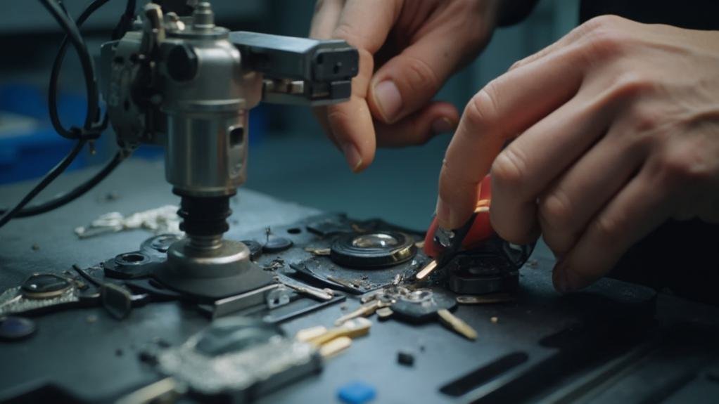 A technician using a key cutting machine to create a duplicate car key in a workshop specializing in automotive locksmith services