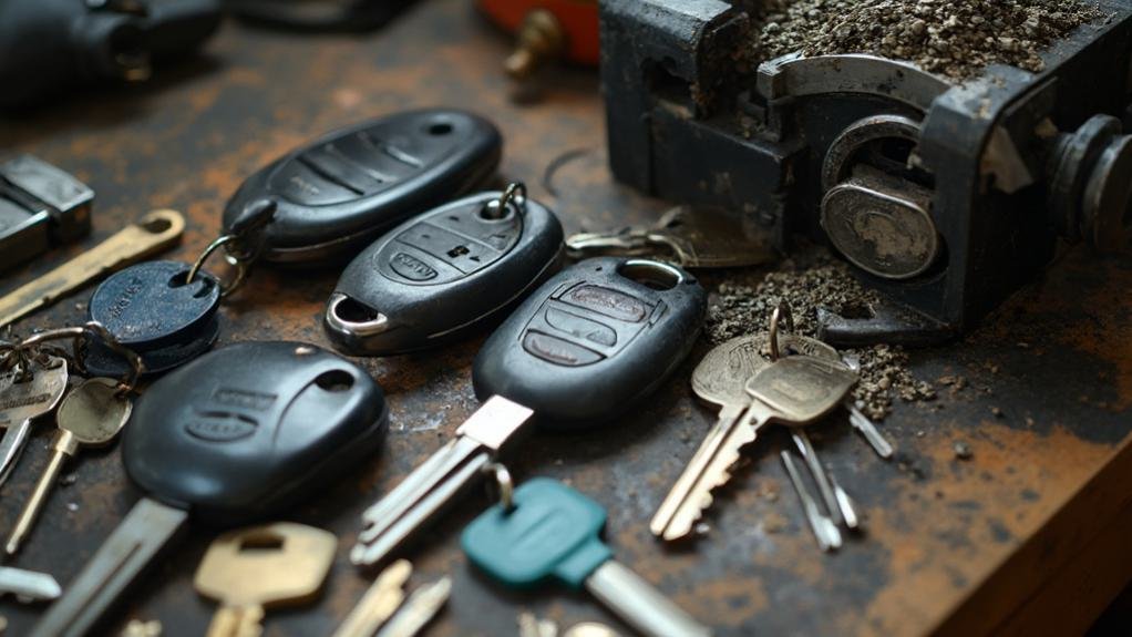 A technician at a key duplication service is using a key cutting machine to create a duplicate key, showcasing the precise craftsmanship involved in key duplication.