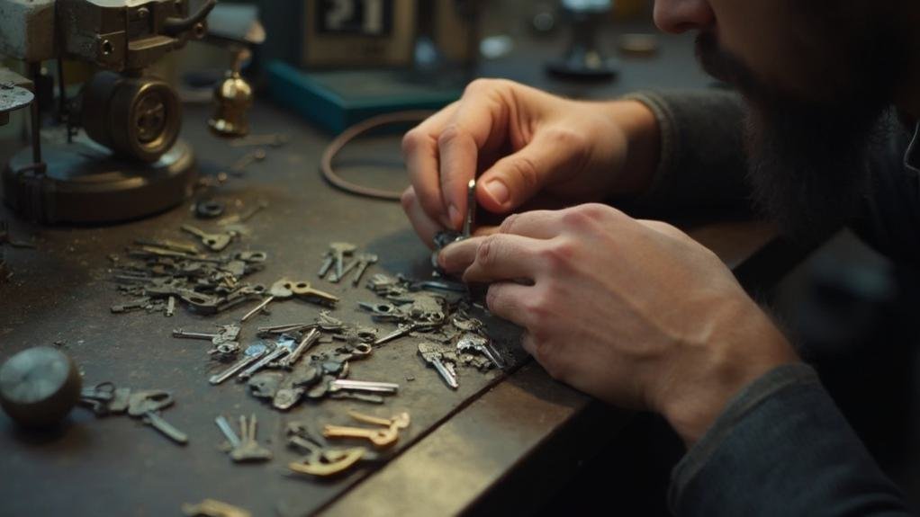 A technician using a key cutting machine to perform home key duplication while showcasing various keys and equipment in the background.