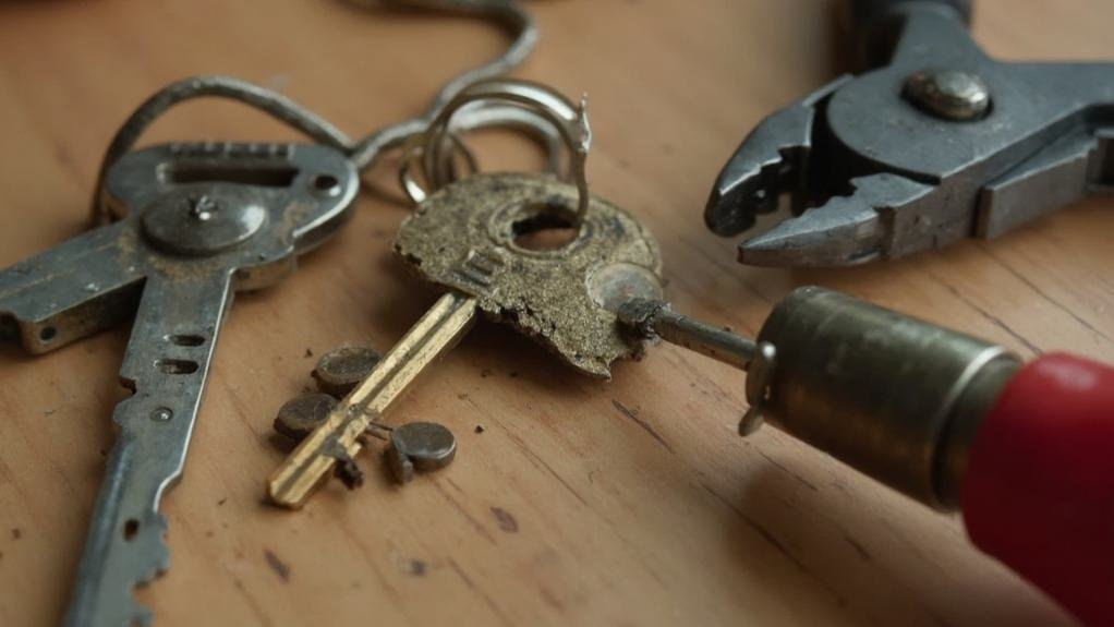 An illustration showing the process of key extraction, featuring a technician analyzing a set of keys with specialized tools, emphasizing the importance of key extraction services for locksmithing.