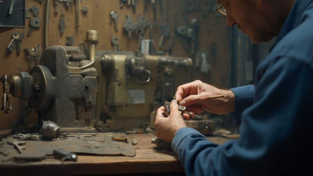 The image depicts a professional locksmith in the process of key extraction, specifically focusing on the delicate task of removing a broken key from a lock. In the foreground, the locksmith is using specialized tools designed for precision and care, ensuring that the lock remains undamaged during the extraction process. The background features a close-up view of the lock, showcasing the broken key fragment lodged inside it, which illustrates the common issue many people face when a key breaks unexpectedly. This visual representation highlights the expertise and skill involved in the key extraction service, emphasizing the locksmith's ability to efficiently remove a broken key, restore functionality to the lock, and provide peace of mind to the client.