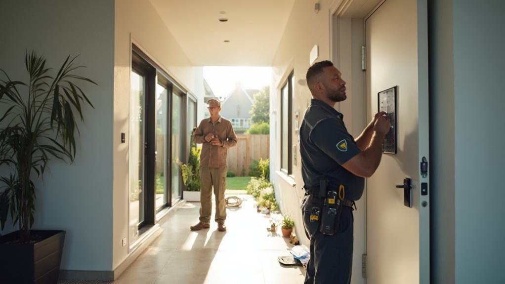 Technician installing keyless entry system on a residential door with tools and equipment.