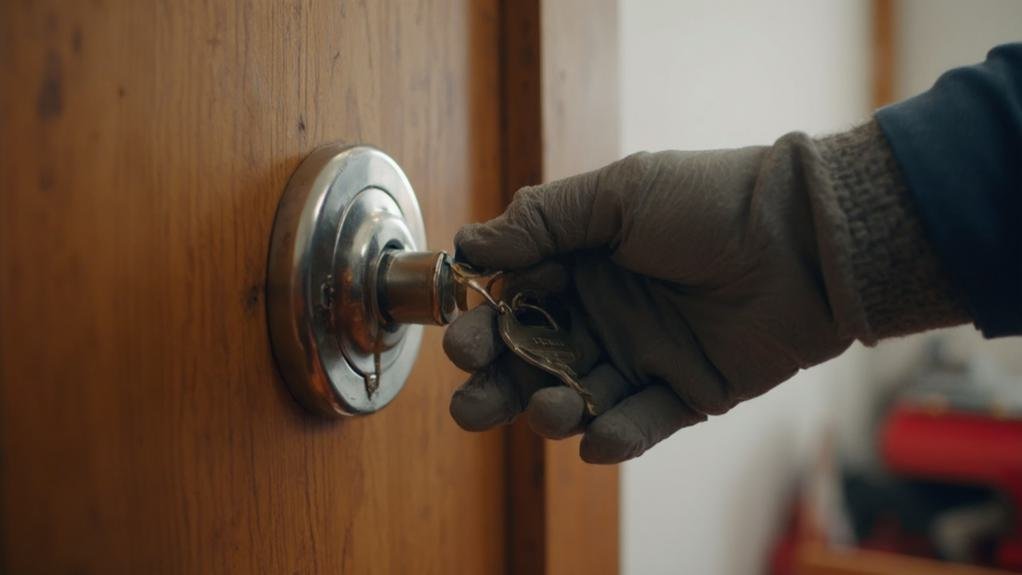 A professional locksmith performing lock installation on a residential door, showcasing tools and equipment for efficient lock installation and repair services.