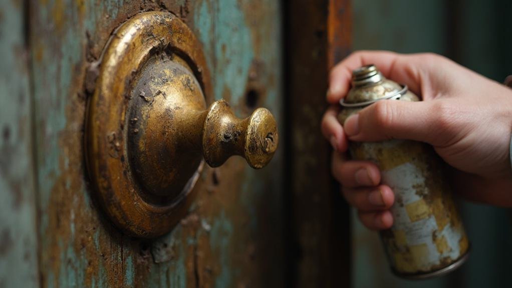 A technician performing lock maintenance by inspecting and lubricating a door lock to ensure smooth operation and security.