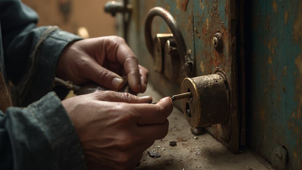 A technician performing lock upkeep by cleaning and lubricating a door lock for optimal security and functionality.