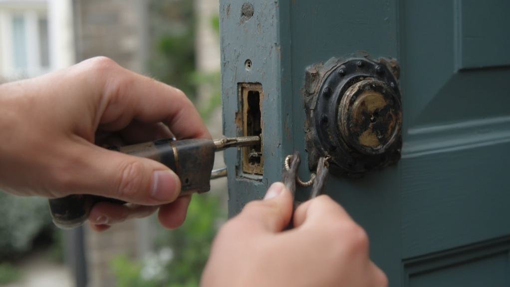 A technician demonstrating commercial lock replacement by installing a new high-security lock on a business door.