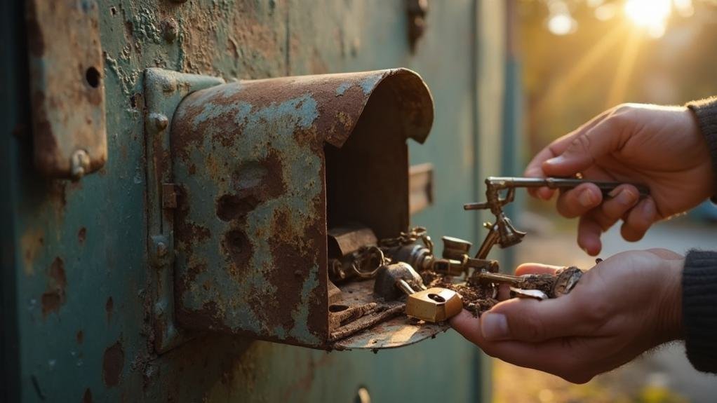 A technician demonstrating mailbox lock replacement by removing the old lock and preparing to install a new one.