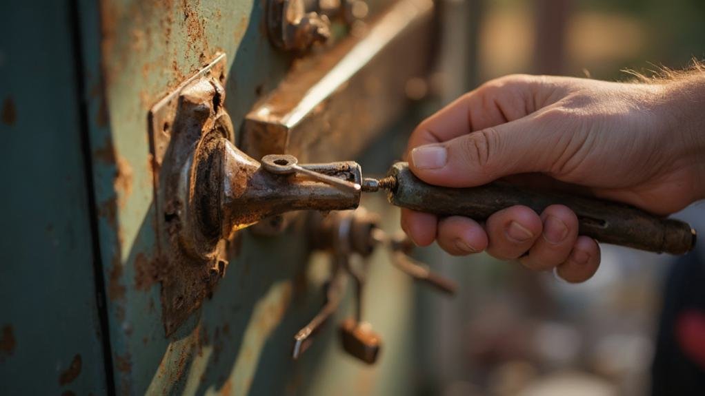 A technician replacing a mailbox lock with new hardware in a residential setting showcasing mailbox lock replacement services.