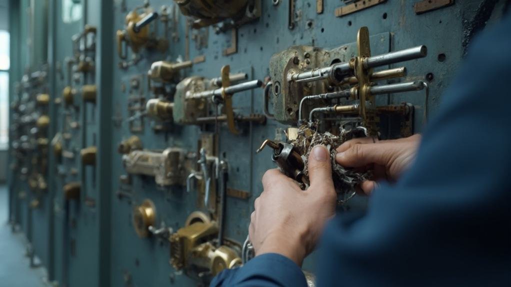 Image of a professional locksmith demonstrating a commercial master key system with various keys and locks laid out on a table