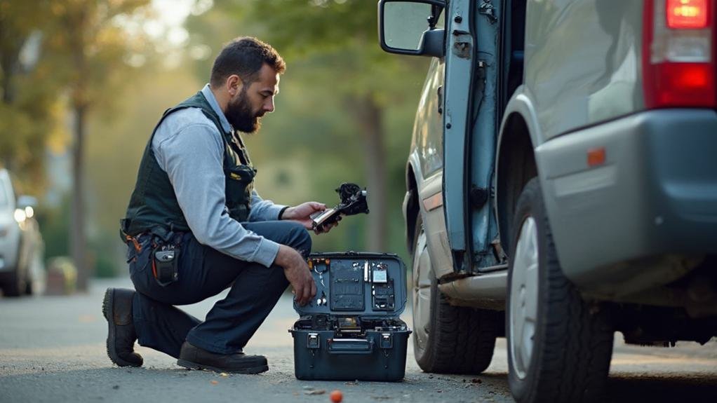 A mobile locksmith technician working on a car lock outside, showcasing expert locksmith services and emphasizing locksmith near me.