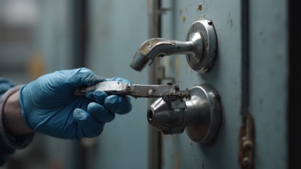 A technician performing panic bar installation on a business entry door, ensuring safety and accessibility for emergency exits.