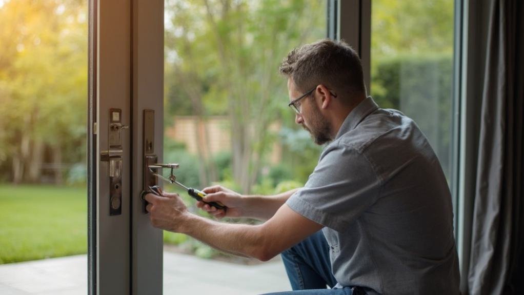 Technician performing patio lock repair on a sliding glass door to enhance security and functionality