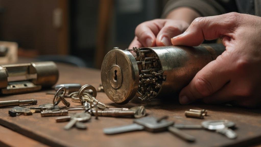 A professional locksmith demonstrating rekeying services by adjusting the internal mechanisms of a lock with specialized tools.