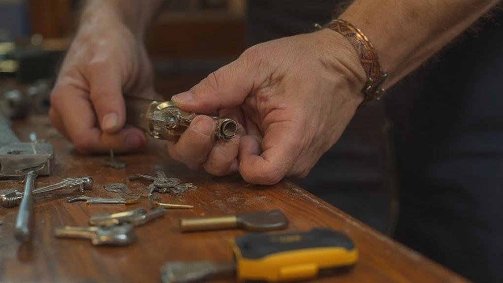 A close-up of a locksmith working on a lock rekeying service, showcasing tools and a disassembled lock mechanism.