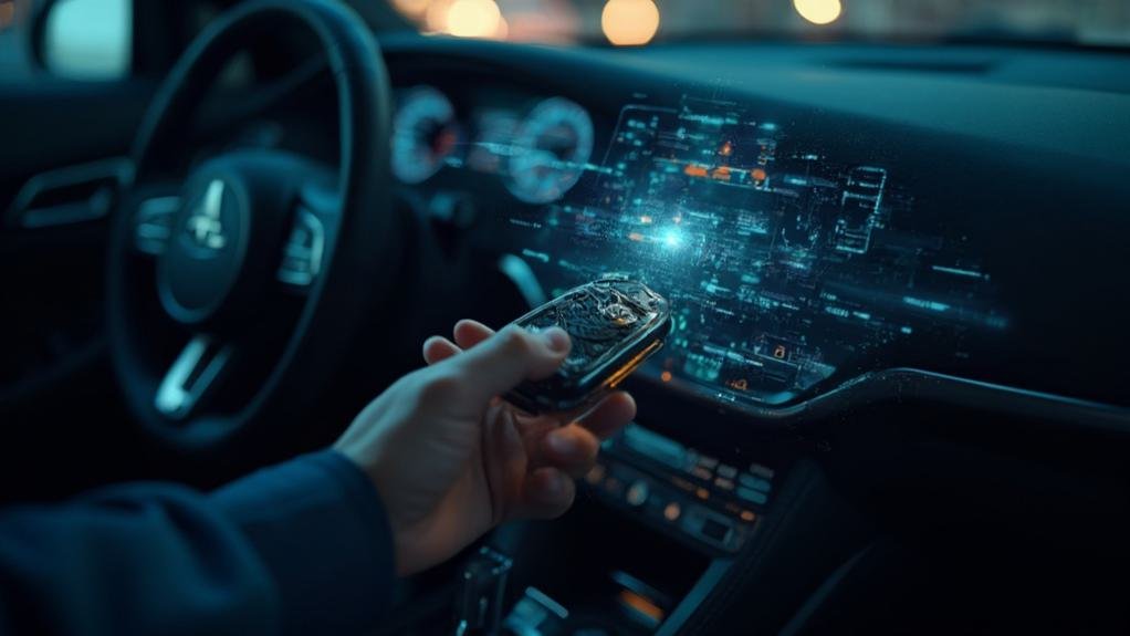 An automotive technician demonstrating remote key fob programming on a vehicle, showing a close-up of the key fob and diagnostic tools used for the process.