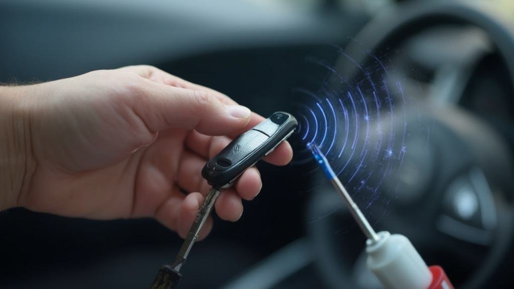 A technician demonstrating how to program key fob using specialized equipment at an automotive service center