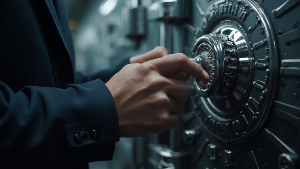 Image of a technician performing a safe combination change, using specialized tools to adjust the lock on a security safe. The technician is focused on ensuring the accuracy and security of the new combination.