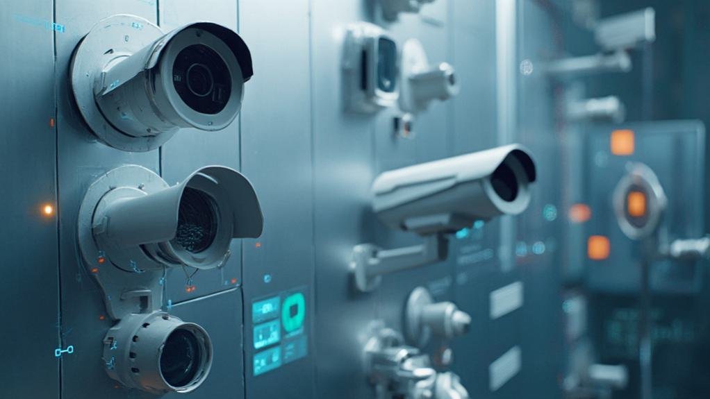 A technician installing advanced cameras and sensors at a commercial building, showcasing security system integration for enhanced safety and surveillance.